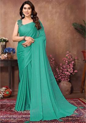 Blue Embellished Blended Saree Set