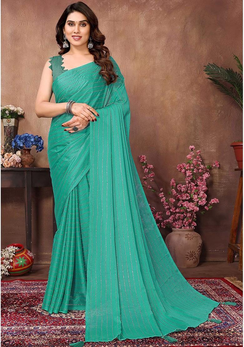 Blue Embellished Blended Saree Set - Indya