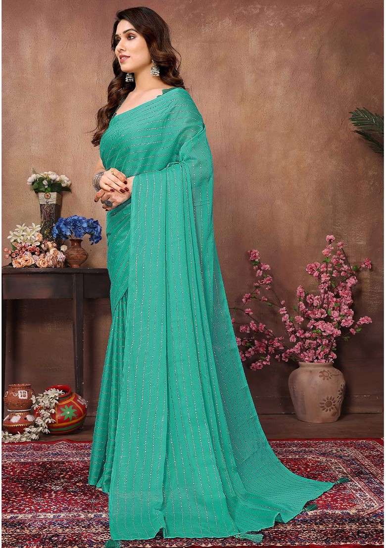 Blue Embellished Blended Saree Set for Diwali and Festive Wear - Indya