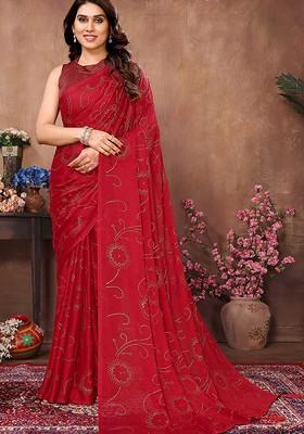 Red Embellished Blended Saree Set
