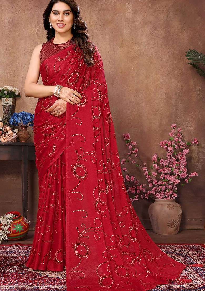 Red Embellished Blended Saree Set for Diwali | Wedding & Festive Wear - Indya