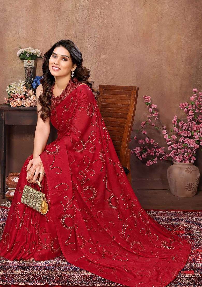 Red Embellished Blended Saree Set for Diwali | Wedding & Festive Wear - Indya