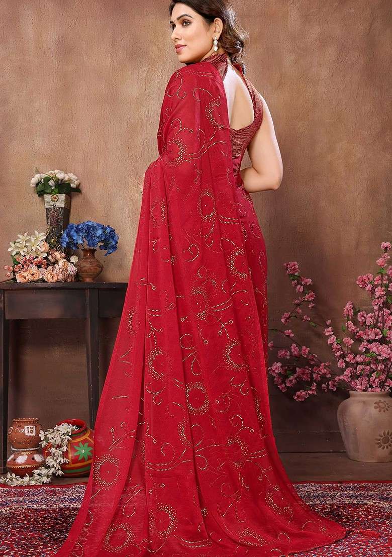 Red Embellished Blended Saree Set for Diwali | Wedding & Festive Wear - Indya