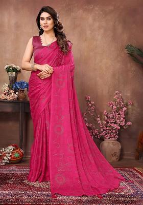 Pink Embellished Blended Saree Set