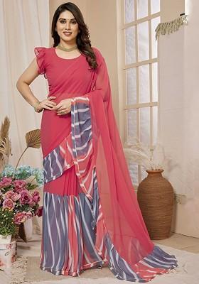 Pink Embroidered Blended Saree Set