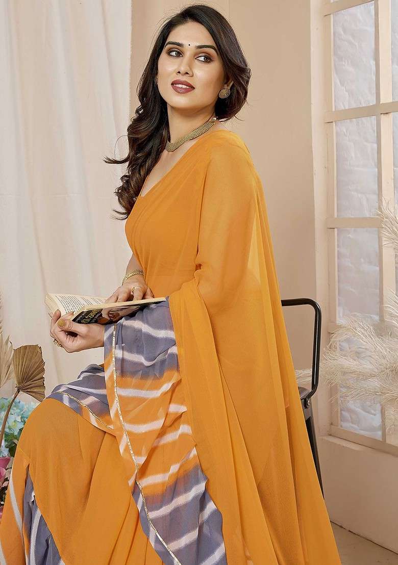 Orange Blended Saree Set with Printed for Diwali | Wedding & Festive Wear - Indya
