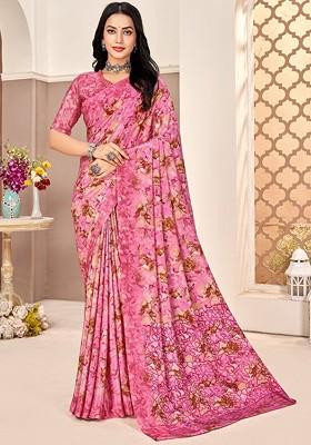 Pink Embroidered Blended Saree Set