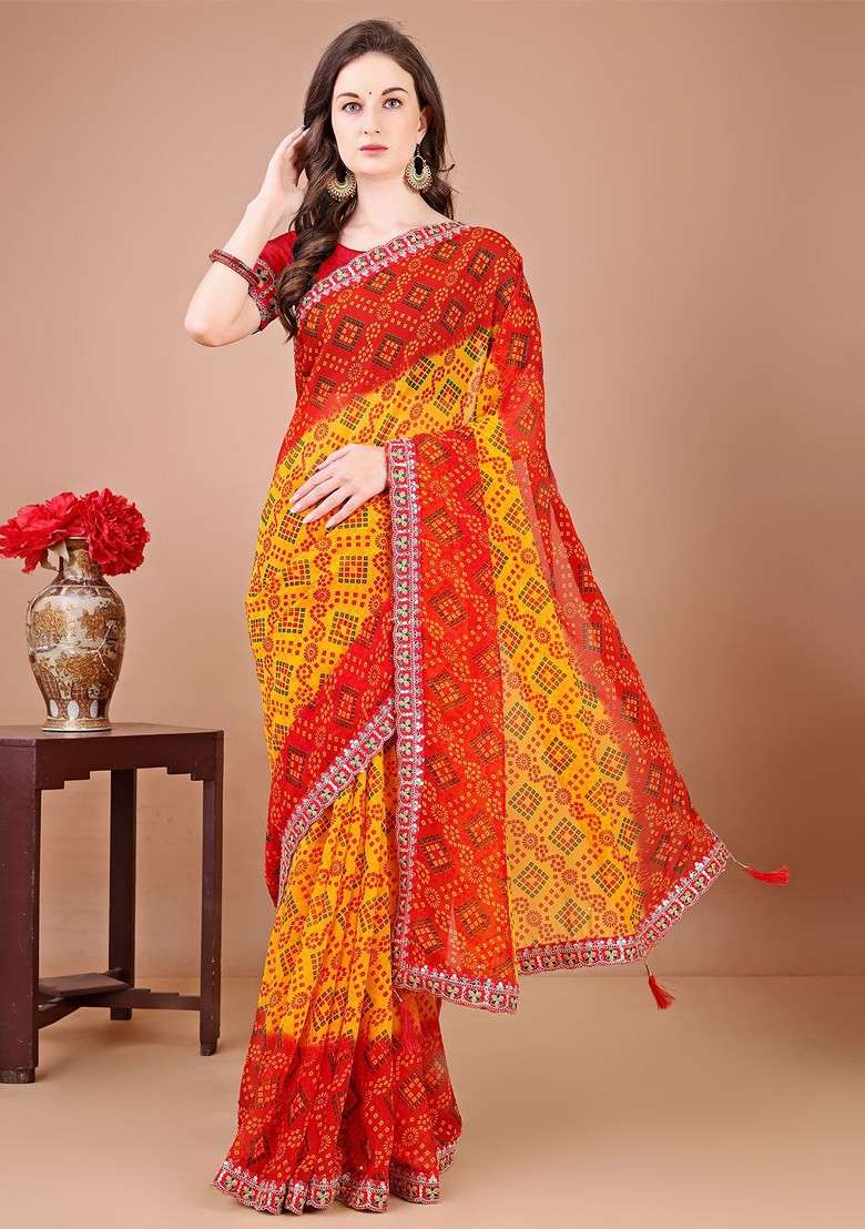 Red Sequinned Blended Saree Set for Diwali and Festive Wear - Indya