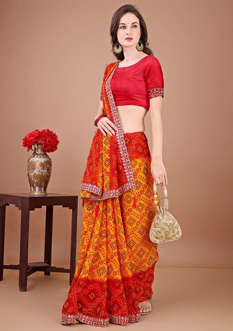 Red Sequinned Blended Saree Set for Diwali and Festive Wear - Indya