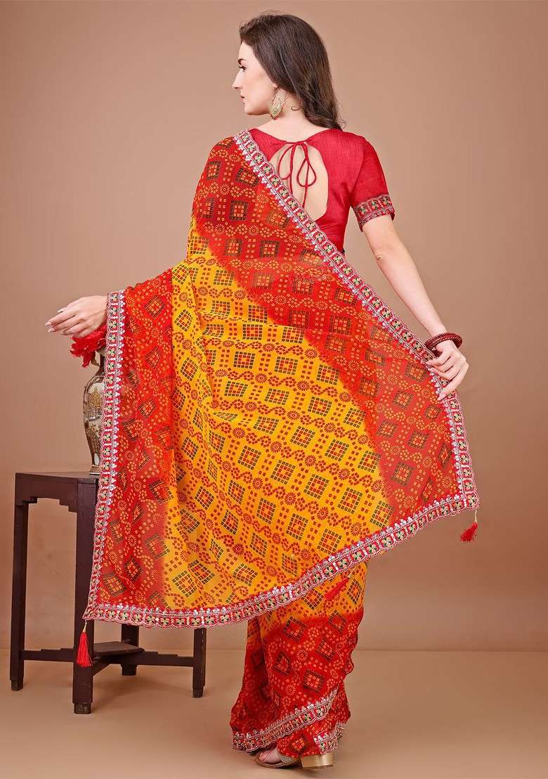 Red Sequinned Blended Saree Set for Diwali and Festive Wear - Indya