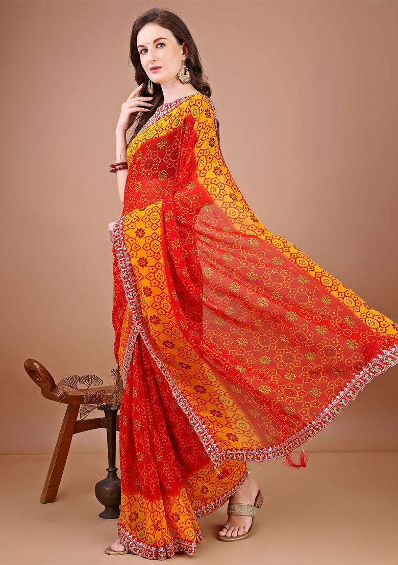 Red Printed Blended Saree Set - Indya