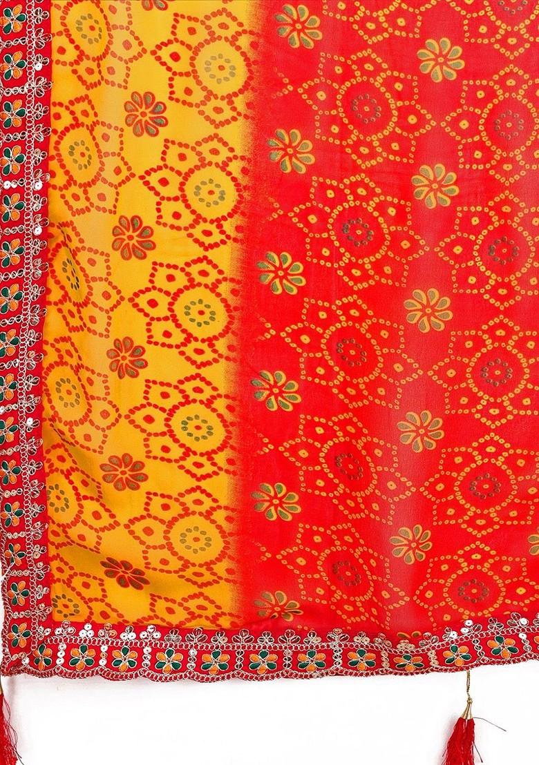 Red Printed Blended Saree Set - Indya