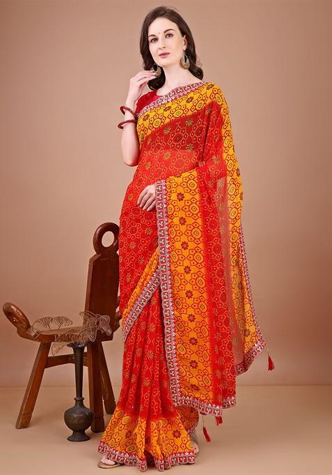 Red Printed Blended Saree Set