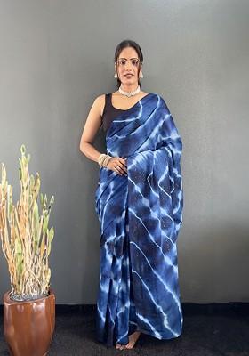 Blue Embroidered Blended Saree Set