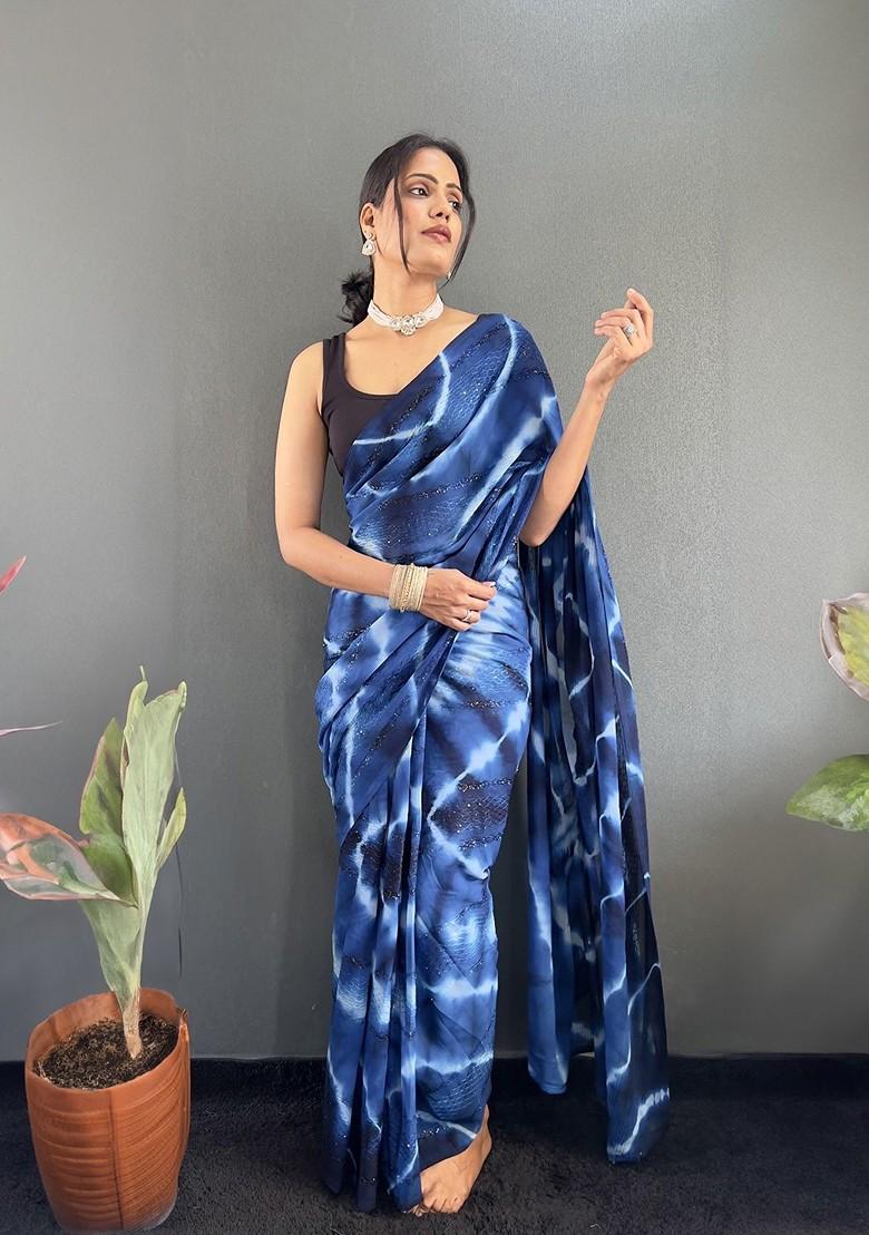 Blue Embroidered Blended Saree Set - Indya