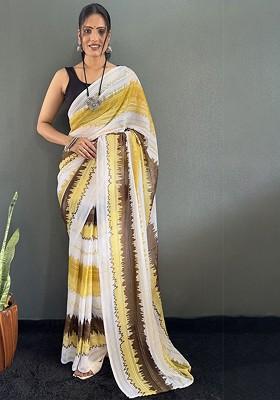 Yellow Embroidered Blended Saree Set