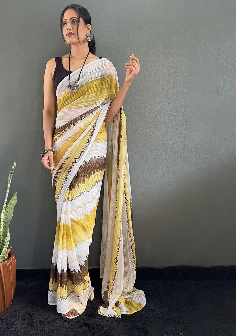 Yellow Embroidered Blended Saree Set - Indya