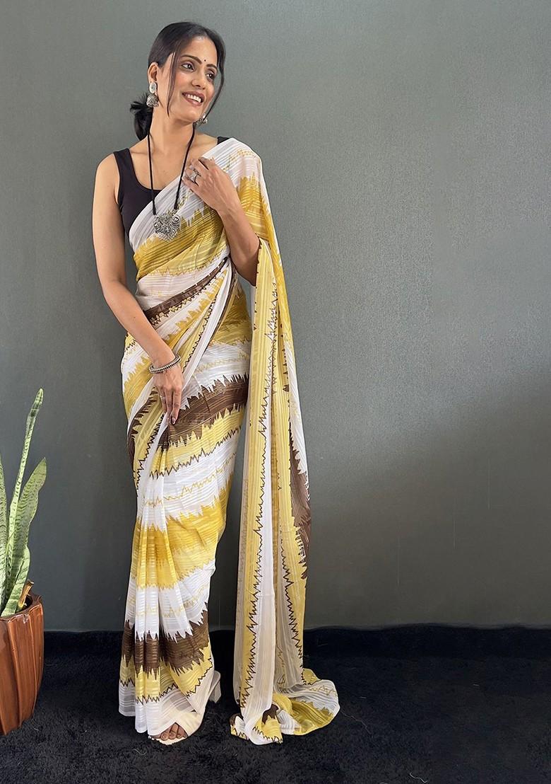 Yellow Embroidered Blended Saree Set - Indya