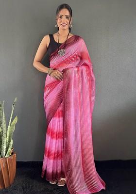 Pink Embroidered Blended Saree Set