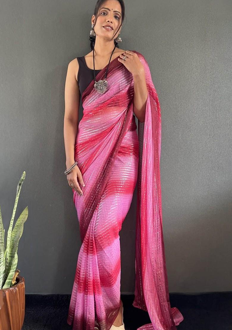 Pink Embroidered Blended Saree Set - Indya