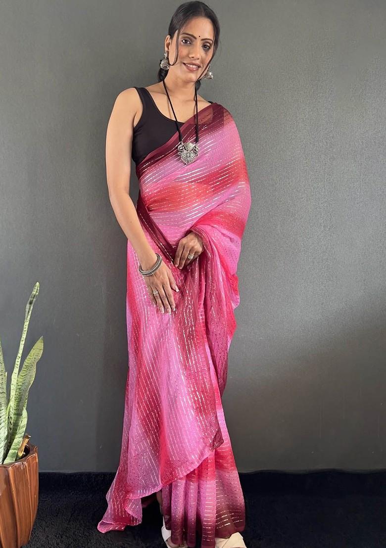 Pink Embroidered Blended Saree Set - Indya