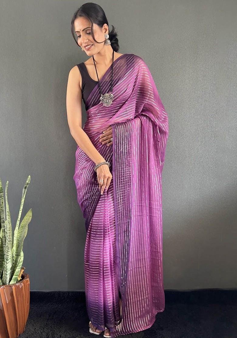 Purple Embroidered Blended Saree Set - Indya