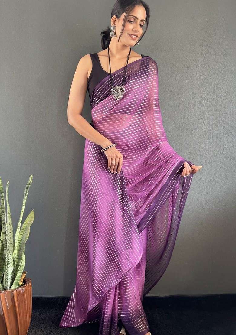 Purple Embroidered Blended Saree Set - Indya