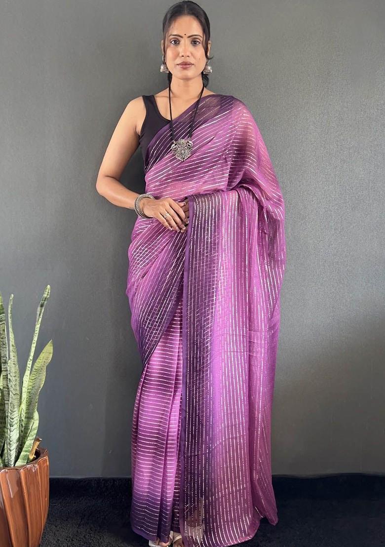 Purple Embroidered Blended Saree Set - Indya