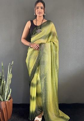 Green Embroidered Blended Saree Set