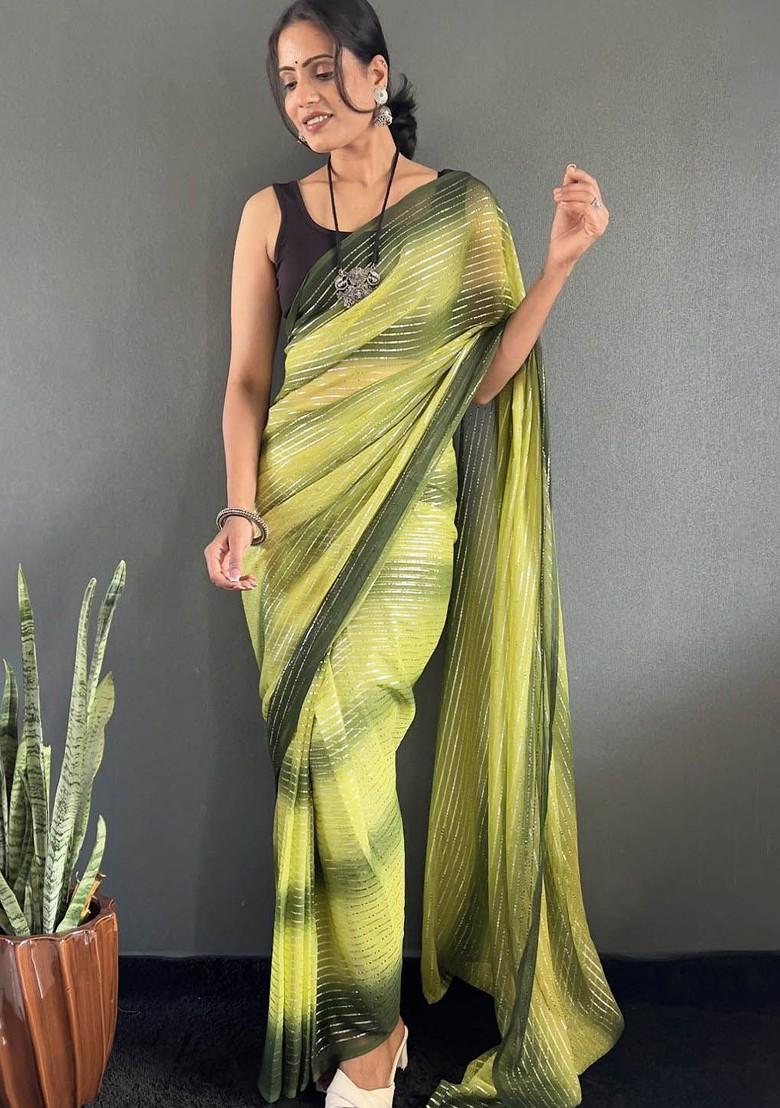 Green Embroidered Blended Saree Set - Indya