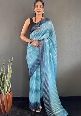 Blue Embroidered Blended Saree Set