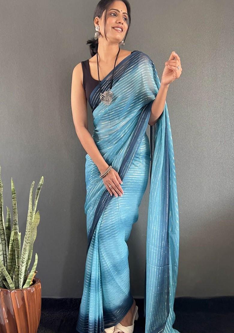 Blue Embroidered Blended Saree Set - Indya