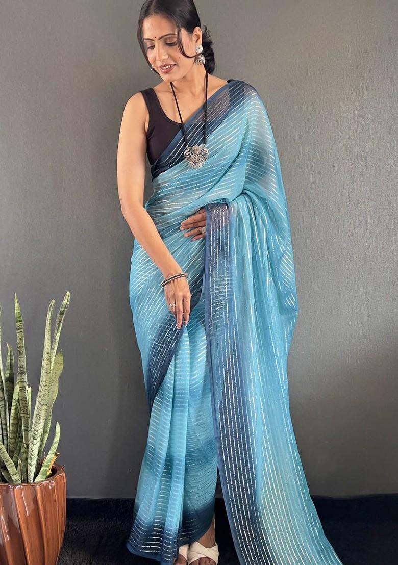 Blue Embroidered Blended Saree Set - Indya