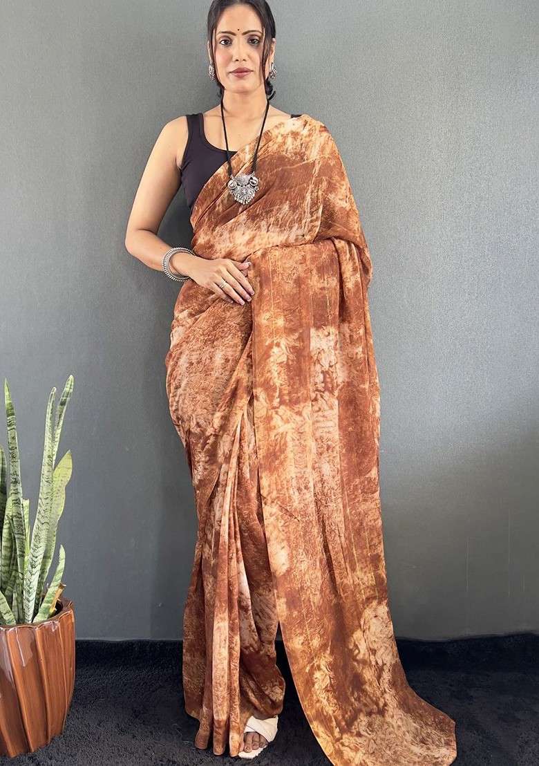 Brown Blended Saree Set with Embroidered for Diwali | Wedding & Festive Wear - Indya