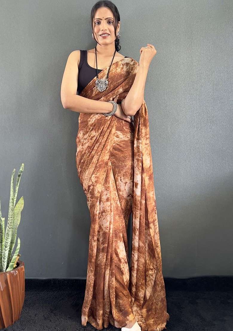 Brown Blended Saree Set with Embroidered for Diwali | Wedding & Festive Wear - Indya