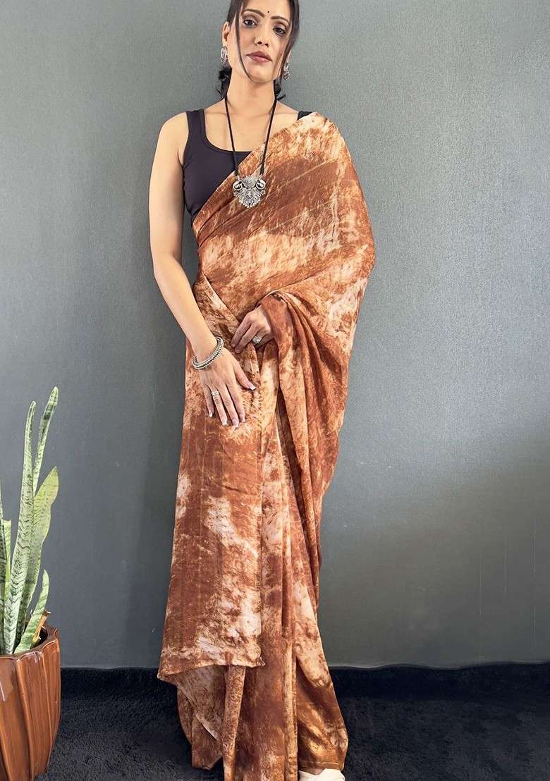 Brown Blended Saree Set with Embroidered for Diwali | Wedding & Festive Wear - Indya