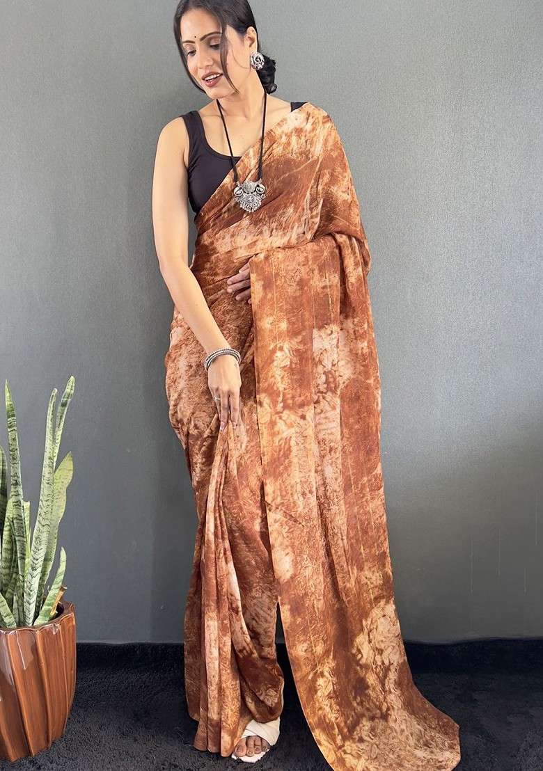 Brown Blended Saree Set with Embroidered for Diwali | Wedding & Festive Wear - Indya