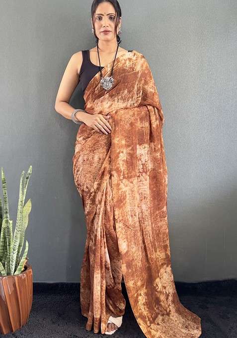 Brown Blended Saree Set with Embroidered for Diwali | Wedding & Festive Wear