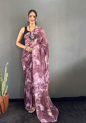 Burgundy Embroidered Blended Saree Set