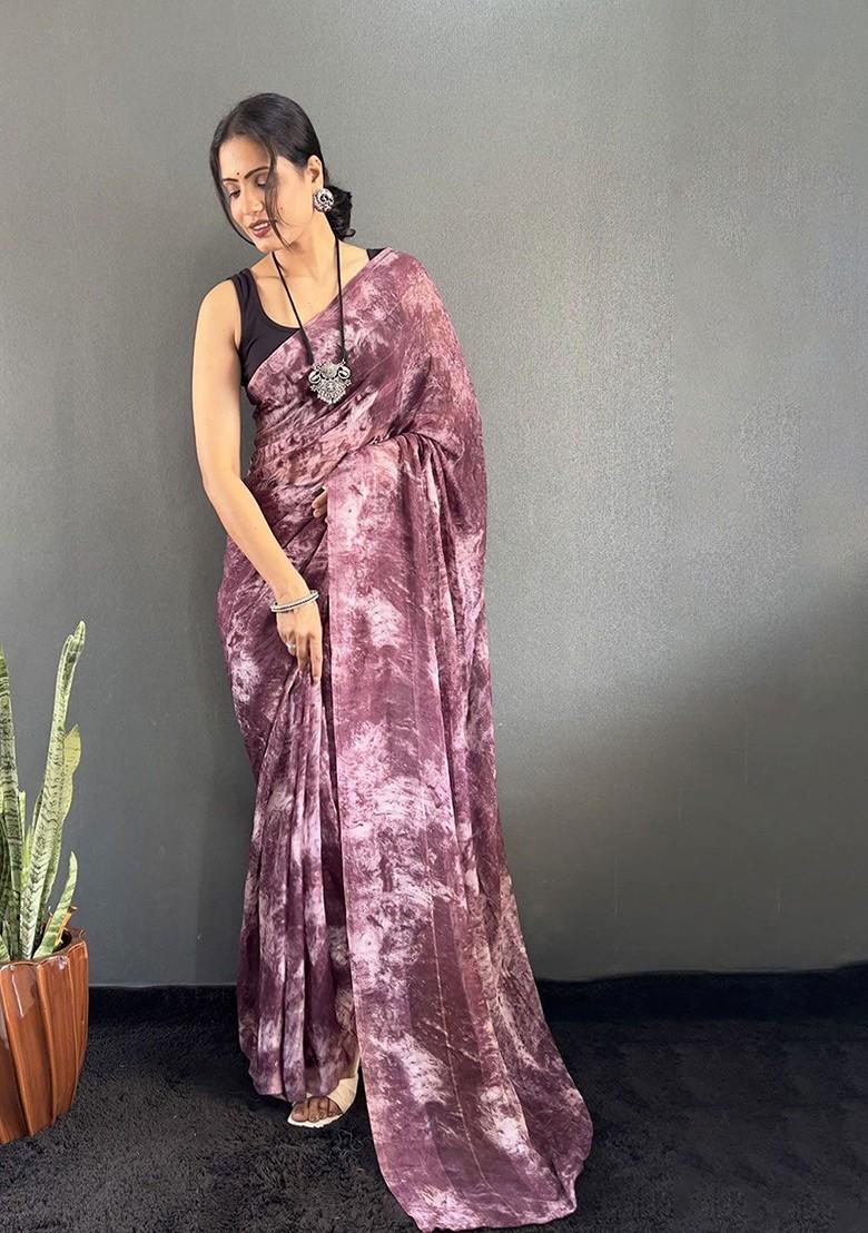 Burgundy Embroidered Blended Saree Set - Indya