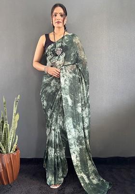 Green Embroidered Blended Saree Set
