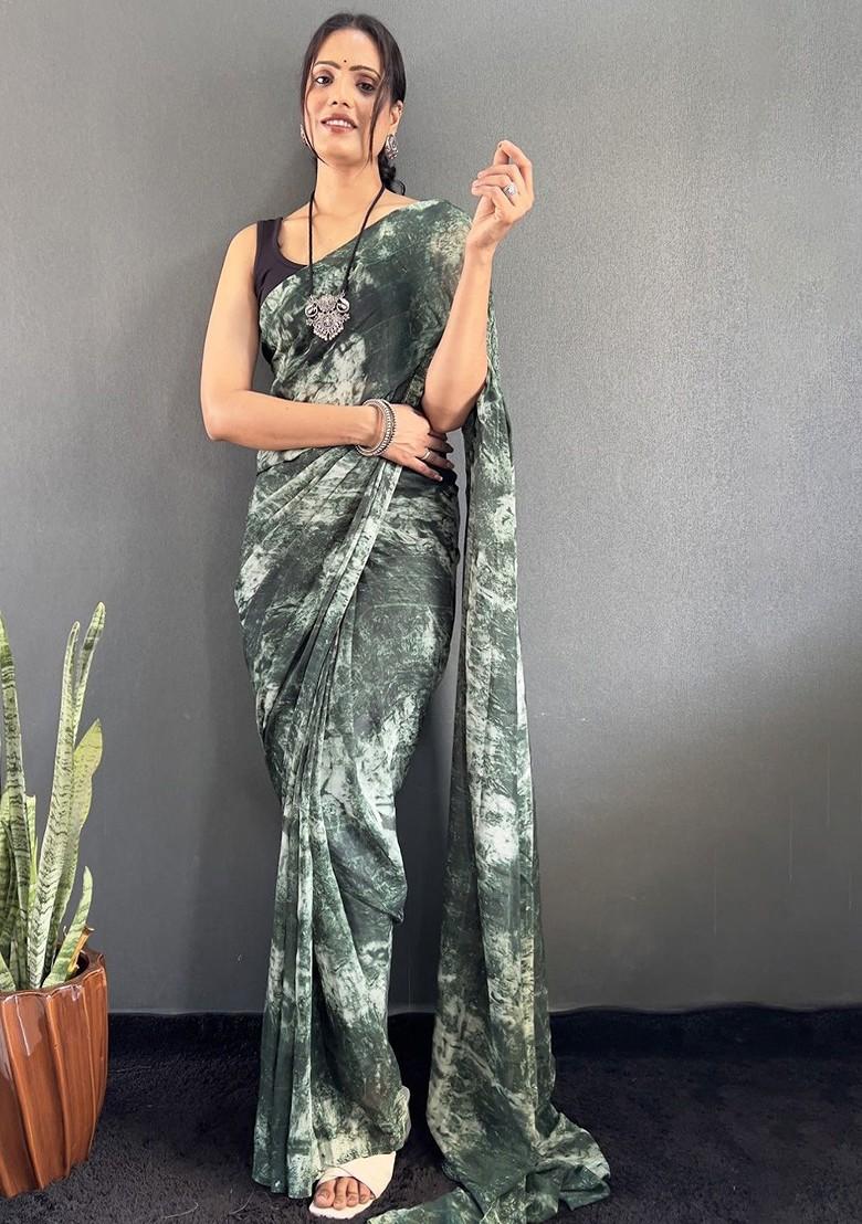 Green Embroidered Blended Saree Set - Indya