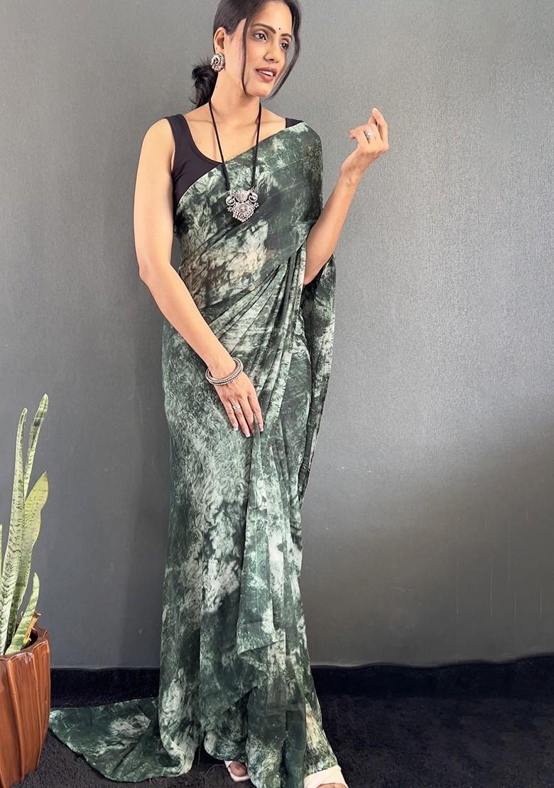 Green Embroidered Blended Saree Set - Indya