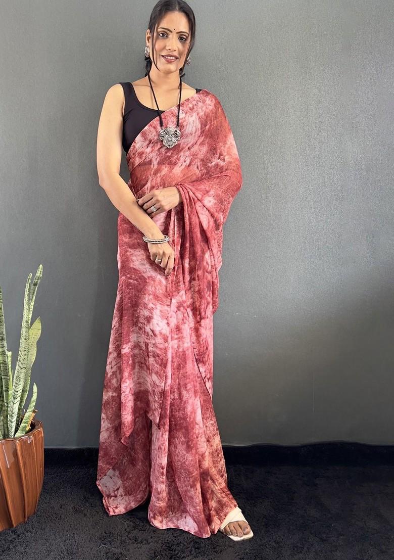 Pink Embroidered Blended Saree Set - Indya