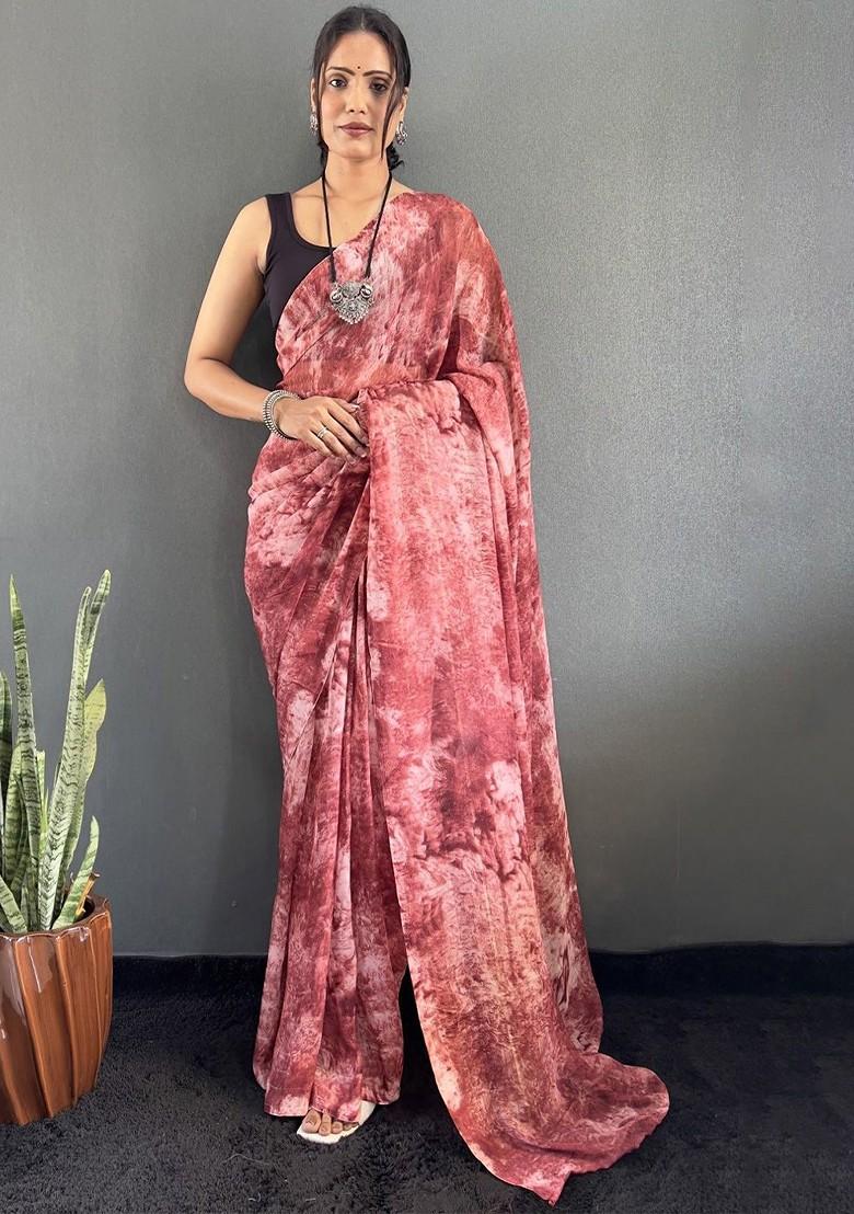 Pink Embroidered Blended Saree Set - Indya