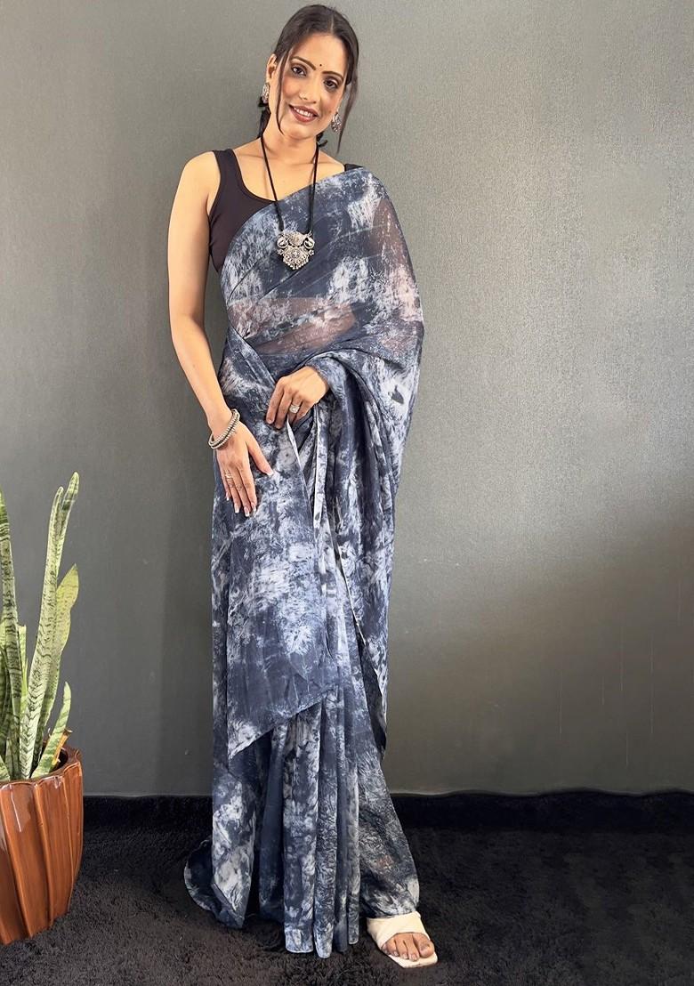 Blue Embroidered Blended Saree Set - Indya