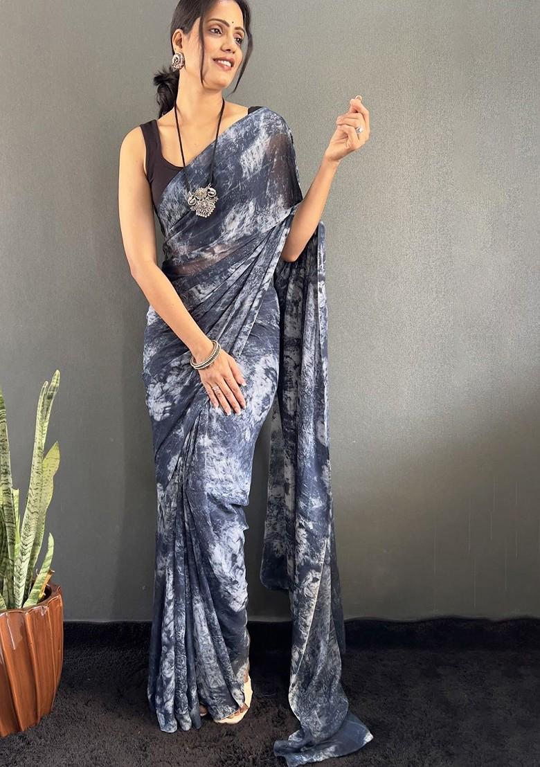 Blue Embroidered Blended Saree Set - Indya