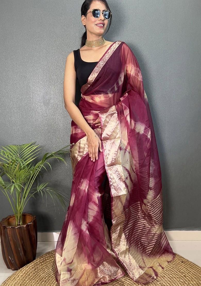 Burgundy Zari Printed Blended Saree Set - Indya