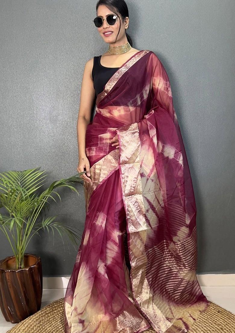 Burgundy Zari Printed Blended Saree Set - Indya
