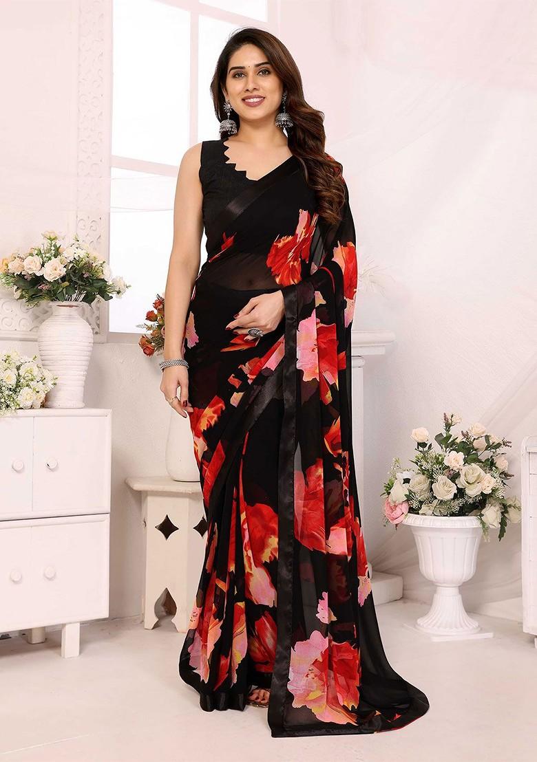 Black Floral Print Blended Saree Set